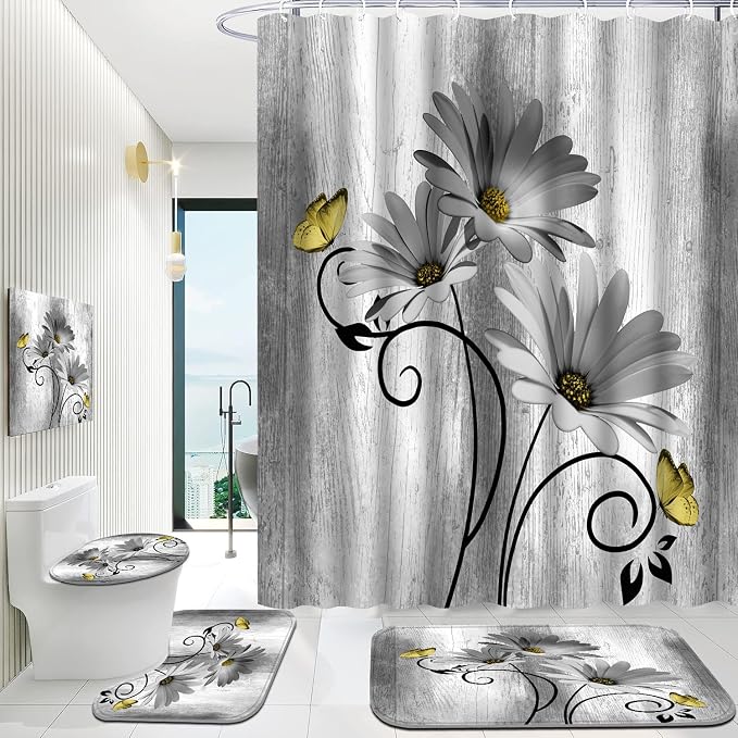 Onalasyc 4PCS Grey Daisy Floral Bathroom Sets with Shower Curtain and Rugs | Country Floral Butterfly Shower Curtain Set,Modern Bathroom Decor Shower Curtains Set with Rugs Toilet Lid Cover and 12 Hooks