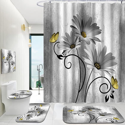 Onalasyc 4PCS Grey Daisy Floral Bathroom Sets with Shower Curtain and Rugs | Country Floral Butterfly Shower Curtain Set,Modern Bathroom Decor Shower Curtains Set with Rugs Toilet Lid Cover and 12 Hooks