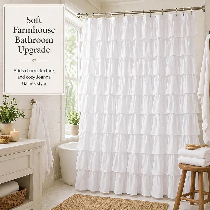 White Ruffle Shower Curtain for Bathroom,72 x 72 Inches, Farmhouse Style | 72" × 72", Brushed Microfiber, 12 buttonholes, Machine washable,12 C-hooks included, Double Layer Fabric, not See Through.