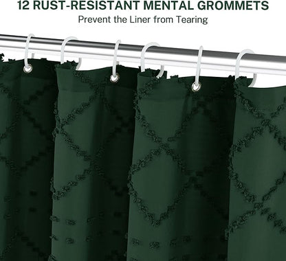 Extra Long Dark Green Boho Woven Fabric Cute 84 Inch Shower Curtain, 72 x 84 Tufted Chevron Textured Striped Modern Farmhouse Minimalist Cloth Shower Curtain for Bathroom
