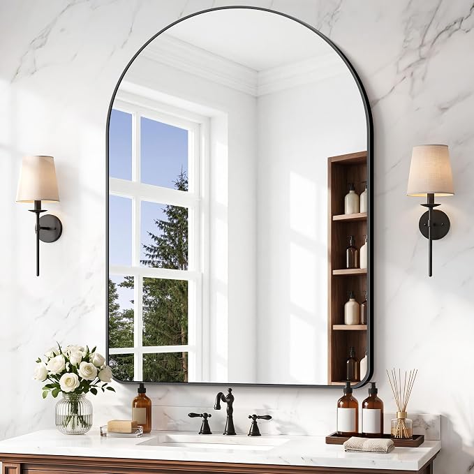 BONEWEI Arched Wall Mirror,36x48 inch Black Arched Mirror Bathroom,Vanity Mirror for Over Sink Metal Frame,Tempered Glass Arch Mirrors for Bedroom,Entryway,Living Room,Home Decor Shatter-Proof