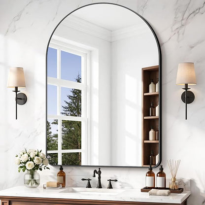 BONEWEI Arched Wall Mirror,36x48 inch Black Arched Mirror Bathroom,Vanity Mirror for Over Sink Metal Frame,Tempered Glass Arch Mirrors for Bedroom,Entryway,Living Room,Home Decor Shatter-Proof