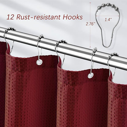 Extra Long Shower Curtain - 84 Inch Waffle Weave Weighted Thick Cloth Bathroom Shower Curtain, Wine Heavy Duty Hotel Bath Curtain Set with 12 Metal Hooks, 72x84 Burgundy