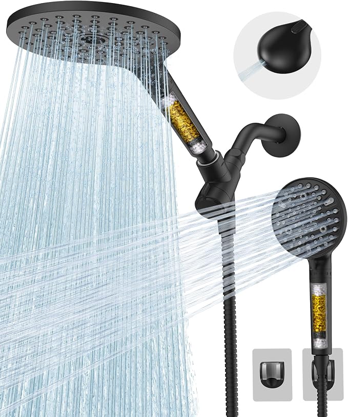 Dual Filtered Shower Heads Combo, High Pressure Rain Shower Head with Handheld Spray Built-in Power Wash, Dual Handheld Shower Head for Hard Water, Remove Chlorine for Healthier Skin-Black