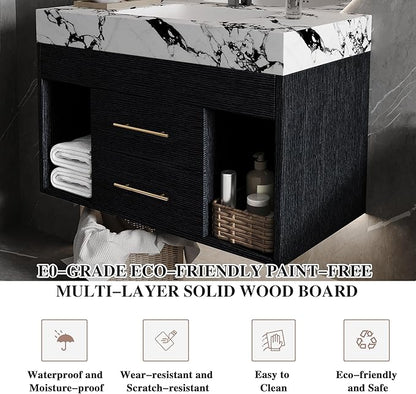30" Bathroom Vanity with Sink Set, Modern Black Wall Mounted Bathroom Vanity Cabinet with Sintered Stone Top&Gold Handle 2 Drawers&2 Open Storage, Single Sink Floating Bathroom Vanity