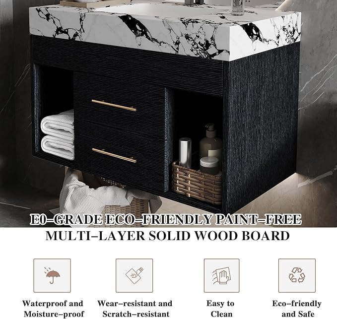 30" Modern Black Bathroom Vanity Sink Set Wall-Mounted Bathroom Vanities with Marble Sintered Stone Top&Ceramic Sink 30 inch Floating Bathroom Sink Cabinet with 2 Drawers&2 Cabinets