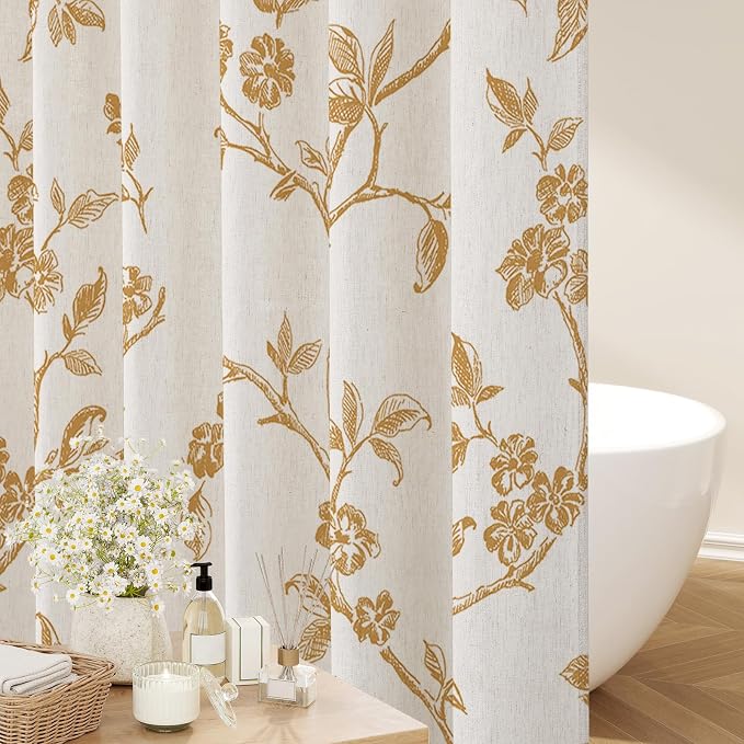 MitoVilla Yellow Linen Floral Shower Curtain for Bathroom, 72 x 72 | Yellow BoHo Cottagecore Spring Shower Curtains, Modern Farmhouse Country Plant Leaves Bathroom Décor, 72 x 72