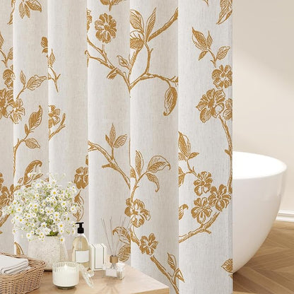 MitoVilla Yellow Linen Floral Shower Curtain for Bathroom, 72 x 72 | Yellow BoHo Cottagecore Spring Shower Curtains, Modern Farmhouse Country Plant Leaves Bathroom Décor, 72 x 72