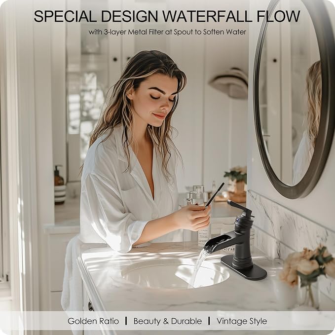 Matte Black Bathroom Faucet 1 Hole, Brass Waterfall Bathroom Faucets 3 Hole 4 Inch Single Handle with Pop-up Drain, Deck Plate, Pre-Installed cUPC Hose for Lavatory, Farmhouse, 5 Mins Install