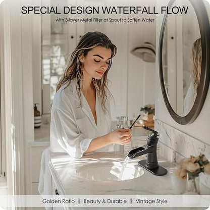 Matte Black Bathroom Faucet 1 Hole, Brass Waterfall Bathroom Faucets 3 Hole 4 Inch Single Handle with Pop-up Drain, Deck Plate, Pre-Installed cUPC Hose for Lavatory, Farmhouse, 5 Mins Install