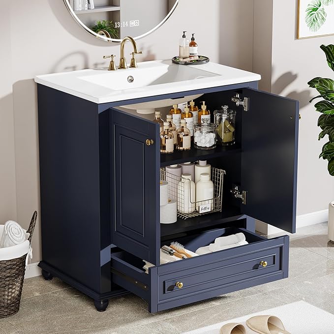 Tribesigns 30" Bathroom Vanity with Ceramic Sink Combo, Freestanding Bathroom Storage Vanity Cabinet with 2 Doors & 1 Drawer, Solid Wooden Frame & Coated Surface, Metal Handle, Navy Blue