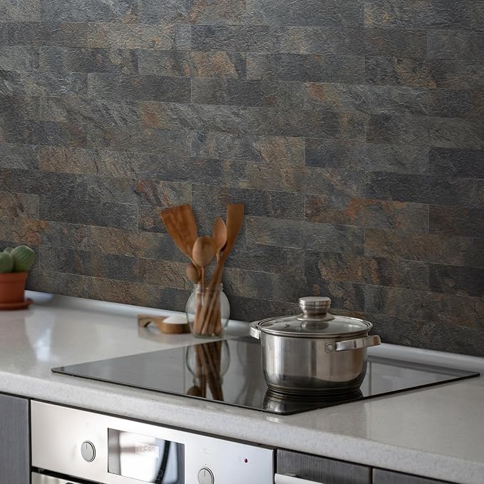 AULIGET 40-Piece Rust Slate Peel and Stick Backsplash Wall Tiles, 3" x 12" PVC Faux Stone Stick on Tiles for Backsplash Kitchen, Bathroom, Laundry Room, Camper, Fireplace