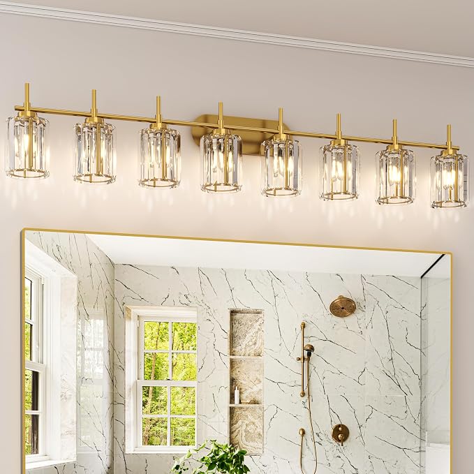 Hasipu Bathroom Vanity Light Fixtures, 8-Light Brushed Gold Vanity Wall Light Bar with Clear Glass Shade, Lighting Fixtures Over Mirror for Bathroom Bedroom Living Room Hallway Cabinet Porch
