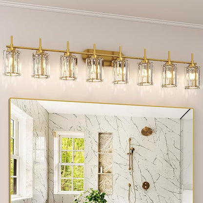 Hasipu Bathroom Vanity Light Fixtures, 8-Light Brushed Gold Vanity Wall Light Bar with Clear Glass Shade, Lighting Fixtures Over Mirror for Bathroom Bedroom Living Room Hallway Cabinet Porch