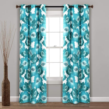 Lush Decor Julie Floral Insulated Grommet Room Darkening Window Curtain Panels Pair 38"W x 84"L Blue & Teal - Floral Curtains For Bedroom Or Living Room
