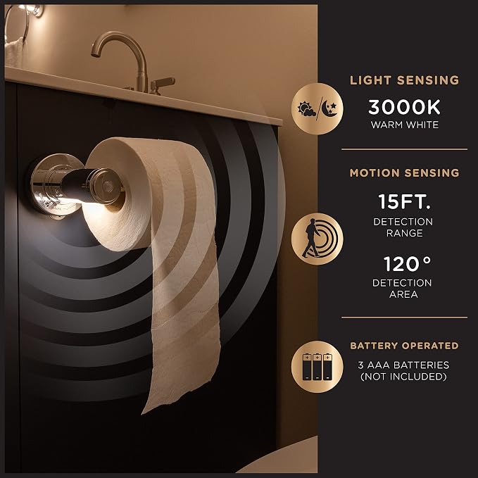 Enbrighten Toilet Paper Holder with Motion Sensing Night Light | Battery Operated, Bathroom Lighting, Toilet Paper Holder Wall Mount, Toilet Paper Roll Holder, Chrome, 77233