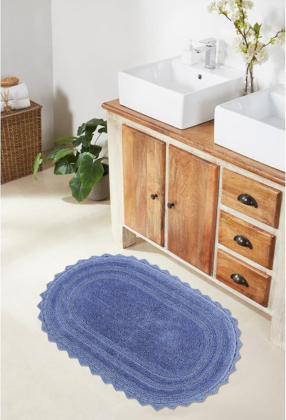 Better Trends Lilly Crochet 17x24 Oval Bath Rugs & Reversible Rugs, Bath mats for Bathroom, Luxurious 100% Cotton Bath Rug & Water Absorbent Bathroom Mat- Blue Bath Matt