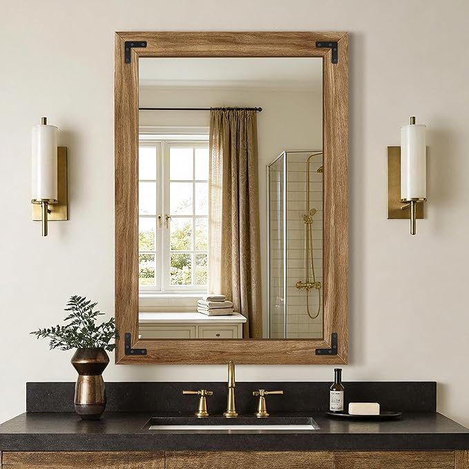 AMOISE Farmhouse Bathroom Vanity Mirror 40"x28" Vintage Rustic Wall Mirror | Wood Frame, Over Sink Mirror for Bathroom, Entryway, Bedroom, Living Room, Vertical or Horizontal Hanging