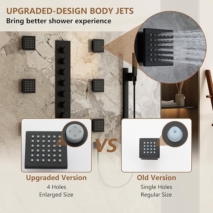 CASAINC 27x16 Inch Thermostatic Shower System Luxury 6 Functions Full Body Shower System with Sliding Rod 2 in 1 Handheld, LED & Music (Matte Black)