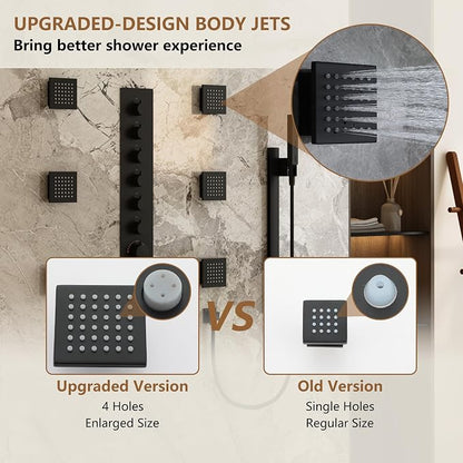 CASAINC 27x16 Inch Thermostatic Shower System Luxury 6 Functions Full Body Shower System with Sliding Rod 2 in 1 Handheld, LED & Music (Matte Black)