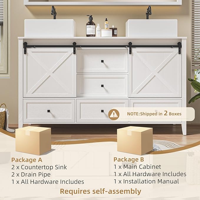 VNN Bathroom Vanity with Sink - 60 Inch Bathroom Vanity Double Sink Ceramic, Freestanding Cabinet with 2 Farmhouse Sliding Barn Doors and 5 Drawers, Space-Saving Storage Cabinet, White Wood Grain