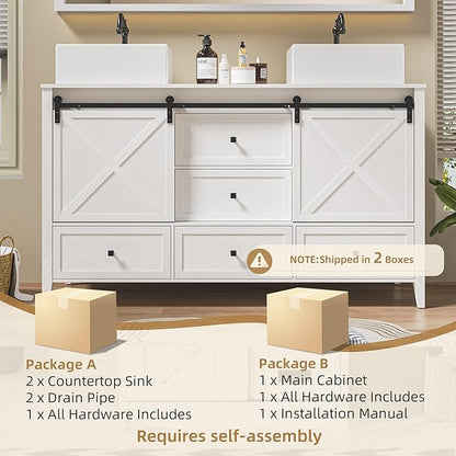 VNN Bathroom Vanity with Sink - 60 Inch Bathroom Vanity Double Sink Ceramic, Freestanding Cabinet with 2 Farmhouse Sliding Barn Doors and 5 Drawers, Space-Saving Storage Cabinet, White Wood Grain