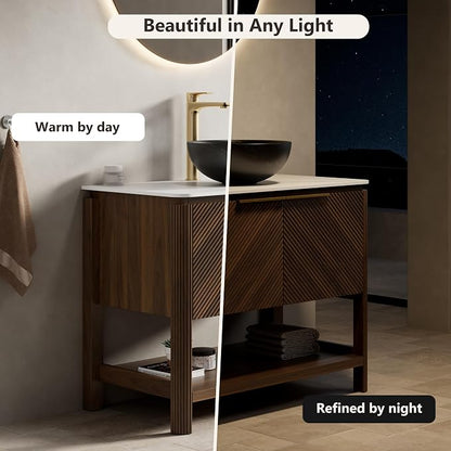 Yayzy 36 Inch Bathroom Vanity with Sink, Freestanding Dark Walnut Bathroom Cabinet, Black Marble Pattern Vessel Sink, Carrara White Sintered Stone Countertop, Soft Close Doors, Open Storage Shelf