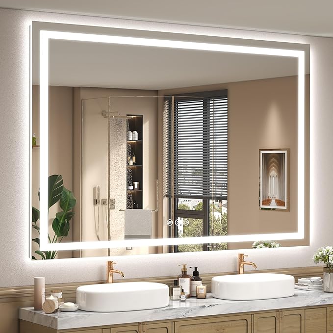 60x48 LED Lighted Bathroom Mirror for Vanity Wall | Front Light and Backlit, Anti-Fog, Memory, 3 Color, Tempered Glass, Dimmable, Rectangular, UL, Horizontal/ Vertical Mounted