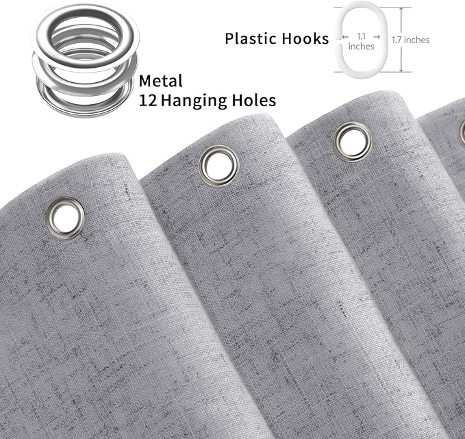 Linen Shower Curtain Flax Grey, Fabric Boho Farmhouse Shower Curtains for Bathroom Cotton Natural Cloth Liner Set 72" W x 72" L