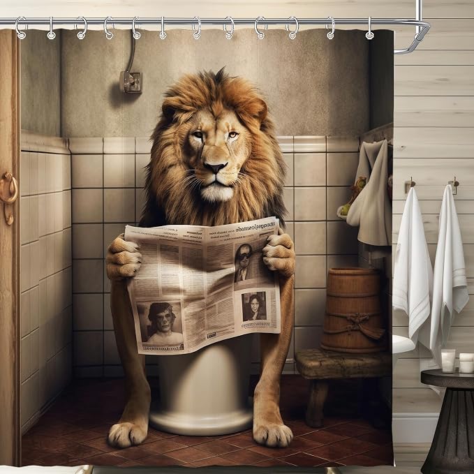 Farmhouse Funny Lion Shower Curtain for Bathroom 72W*72H Inch Brown Humor Animal Reading on Toilet Bathtub Decor Boho Western Country Animal Waterproof Polyester Fabric Set with 12 Hooks