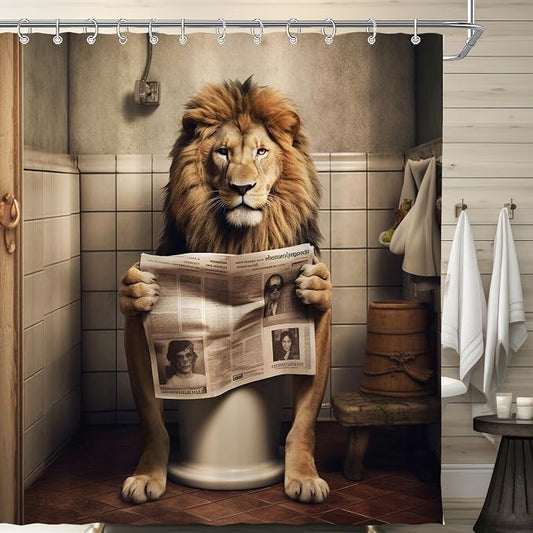 Farmhouse Funny Lion Shower Curtain for Bathroom 72W*72H Inch Brown Humor Animal Reading on Toilet Bathtub Decor Boho Western Country Animal Waterproof Polyester Fabric Set with 12 Hooks