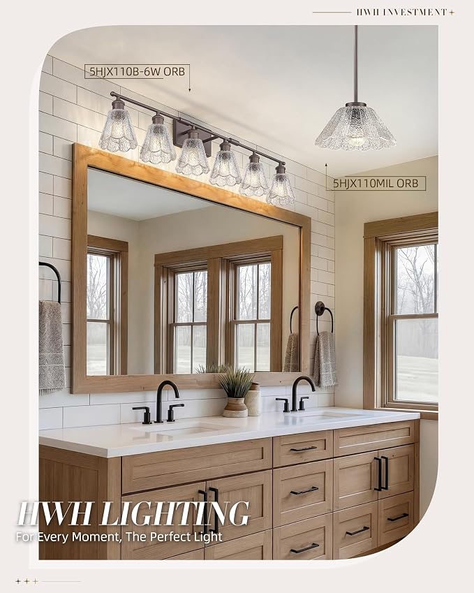 HWH Farmhouse Vanity Light Fixture, Rustic Bathroom Light Fixtures for Bedroom, 6-Light Wall Sconces Lights with Clear Floral Glass, Oil-Rubbed Bronze Finish, 5HJX110B-6W ORB
