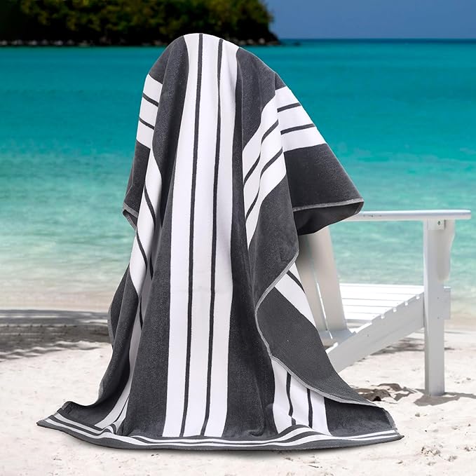 Superior Oversized Cotton Beach Towel Set of 6, Absorbent Towels For Bathroom, Beach, Pool, Swim, Adults, Kids, Vacation, Travel, Bath Sheet, Quick Dry Basics, Trip Essentials, Striped Decor, Charcoal