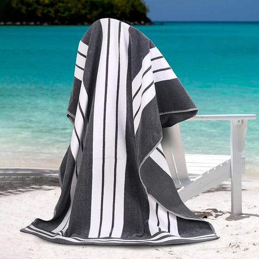 Superior Oversized Cotton Beach Towel Set of 6, Absorbent Towels For Bathroom, Beach, Pool, Swim, Adults, Kids, Vacation, Travel, Bath Sheet, Quick Dry Basics, Trip Essentials, Striped Decor, Charcoal