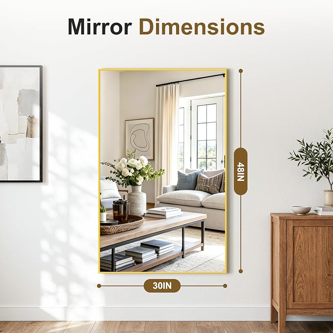 Bathroom Vanity Mirror for Over Sink, 48x30 Inch Matte Gold Mirror | Shatterproof Tempered Glass, Anti-Rust Metal Frame, Rectangle Wall Mirrors for Bedroom, Living Room & Entryway