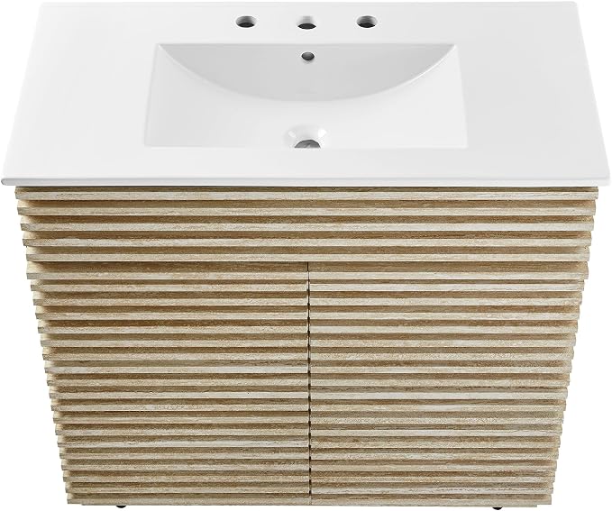 Modway Render Faux Travertine Slatted 36 Inch Bathroom Vanity in White with Sink Combo - Mid-Century Modern Single Sink Bathroom Vanity - Vanity Cabinet with Soft-Close Doors