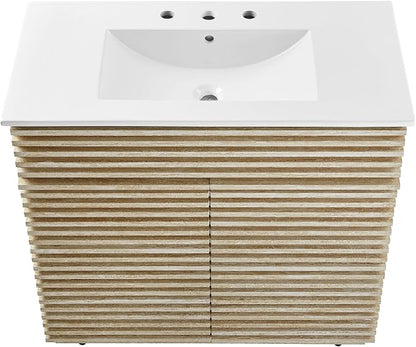 Modway Render Faux Travertine Slatted 36 Inch Bathroom Vanity in White with Sink Combo - Mid-Century Modern Single Sink Bathroom Vanity - Vanity Cabinet with Soft-Close Doors
