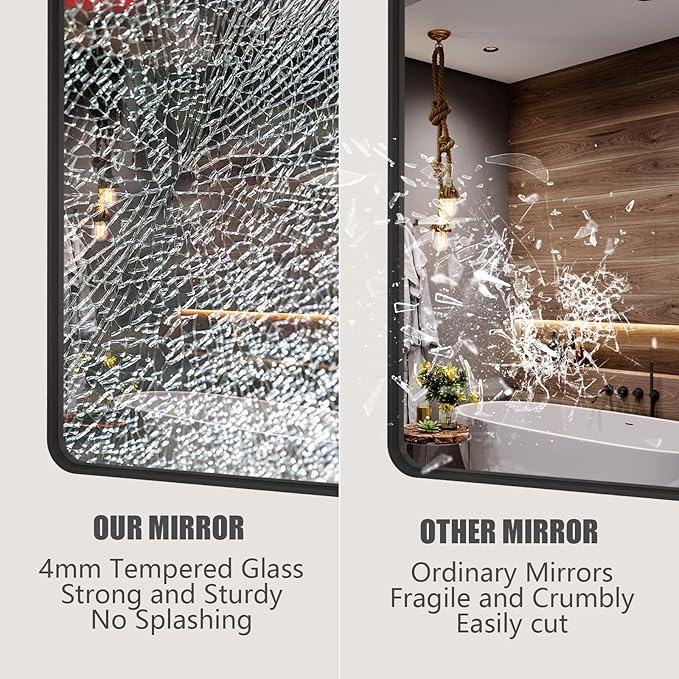 50x40 Inch Black Metal Framed Bathrrom Mirror for Wall, Black Matte Rounded Rectangle Bathroom Vanity Mirror, Anti-Rust, Tempered Glass, Hangs Horizontally or Vertically