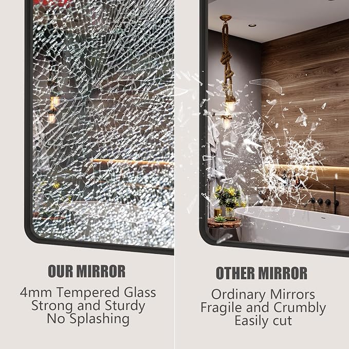 44x32 Inch Black Metal Framed Bathrrom Mirror for Wall | Rounded Rectangle, Matte Black Bathroom Vanity Mirror, Anti-Rust, Tempered Glass, Hangs Horizontally or Vertically