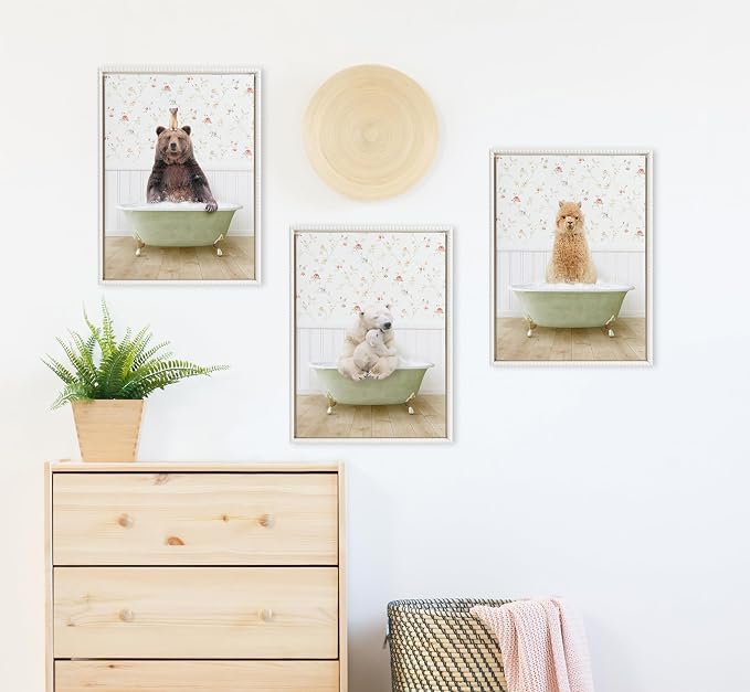 Kate and Laurel Sylvie Beaded Baby Golden Alpaca in Country Cottage Bath Vintage Framed Canvas Wall Art by Amy Peterson, 18x24 White, Modern Fun Alpaca Bathtub Wall Art for Home Décor