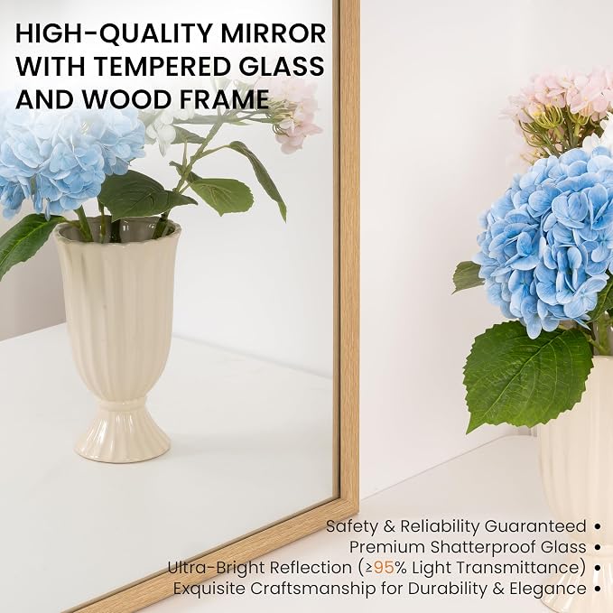 24"x36" Arch Wall Mirror for Wall, Wall Mounted Vanity Mirror for Bedroom, Wood Grain Finish Frame Mirror with Tempered Glass, Vintage Decorative for Bathroom, Entryway, Living Room, Natural