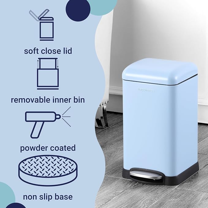 happimess Betty Retro Mini 3.2 Gal Step Trash Can, Tide Pool Blue | Soft-Close Lid, Removable Liner, Iron, Hands-Free Pedal, Satin Finish, Non-Skid Base, Built-In Damper, Modern, Minimalistic