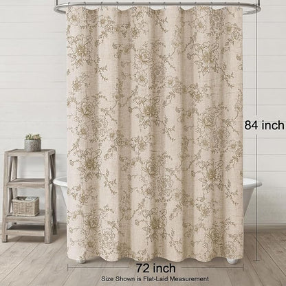 Farmhouse Floral Linen Shower Curtain, Vintage Beige Pattern Rustic Shower Curtains for Bathroom, Tan Taupe,72x84