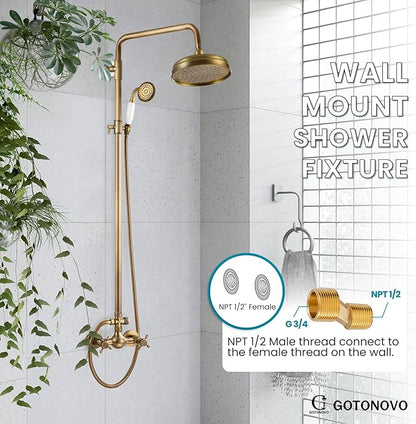 gotonovo Luxury Exposed Shower Faucet Set Bathroom Shower System 8 Inch Wall Mount Rainfall Shower Head with Handheld Spray Cross Double Handle Shower Fixture Adjustable Straight Rod Antique brass