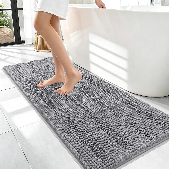 OLANLY Thick Bathroom Runner Rugs 47x17, Soft Chenille Long Bath Rugs, Grey | Absorbent Striped, Rubber Backing, Machine Wash, Bath Mats for Bathroom Floor, Tub and Shower, Home Decor Accessories