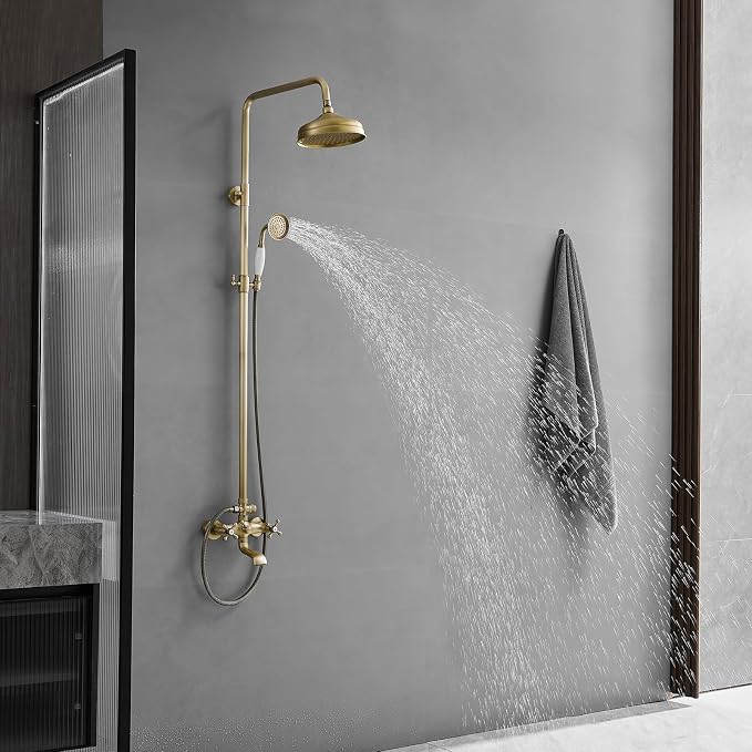 Outdoor Shower Features, Exposed Shower System 3 Function | 8 Inch Rain Shower Head,Handheld Shower Head & Tub Spout,Solid Brass,Dual Handle,High Pressure,Wall Mounted,Antique Brass