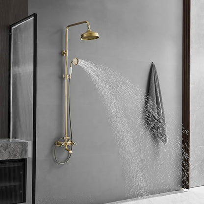 Outdoor Shower Features, Exposed Shower System 3 Function | 8 Inch Rain Shower Head,Handheld Shower Head & Tub Spout,Solid Brass,Dual Handle,High Pressure,Wall Mounted,Antique Brass