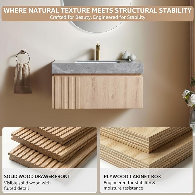 30” Floating Bathroom Vanity with Sink, Wall-Mounted Cabinet with Drawer & Doors, Gray Travertine-Pattern Sintered Stone Top, Undermount Basin, Single Faucet Hole, Soft-Close, Pre-Assembled, Light Oak