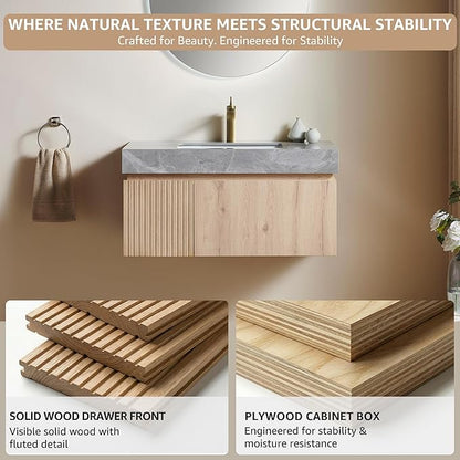 30” Floating Bathroom Vanity with Sink, Wall-Mounted Cabinet with Drawer & Doors, Gray Travertine-Pattern Sintered Stone Top, Undermount Basin, Single Faucet Hole, Soft-Close, Pre-Assembled, Light Oak