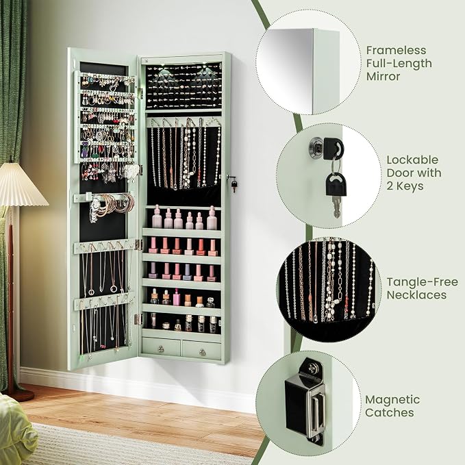 LDAILY Jewelry Armoire Wall or Door Mounted, Full-Length Mirror with Storage, Lockable Mirror Jewelry Cabinet w/ 2 Drawers, LED Lights, Over the Door Jewelry Organizer Box for Women Girls